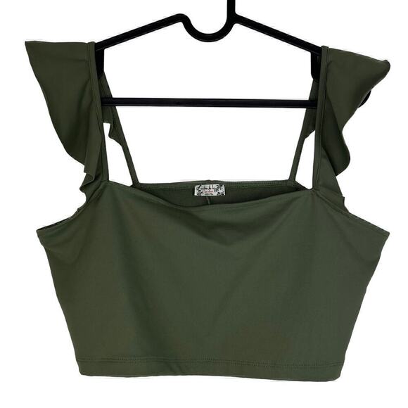 NWOT Free People Army Green Little Flirty Duo Crop Flutter Top Size Large - Picture 2 of 6